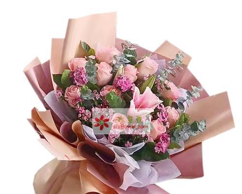 十一朵粉玫瑰百合花束图片欣赏